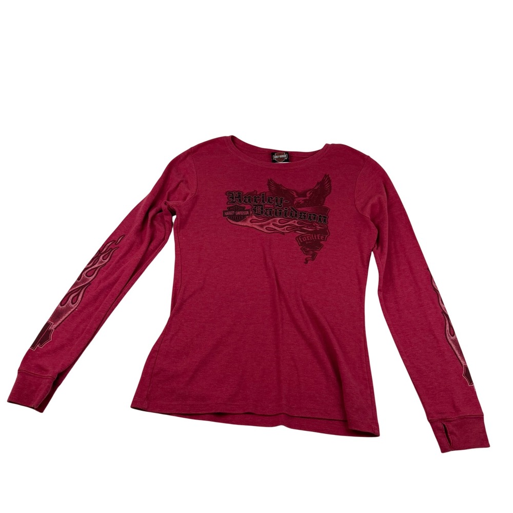 Harley Davidson Sauk Prairie Long Sleeve Graphic Tee Red Heather XL Eagle Flames